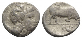 Southern Lucania, Thourioi, c. 350-300 BC. AR Stater (20mm, 7.62g, 6h. Head of Athena r., wearing crested Attic helmet, decorated with Skylla. R/ Bull...