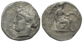 Bruttium, Terina, c. 420-400 BC. AR Stater (20mm, 7.20g, 11h). Head of the nymph Terina l. R/ Nike seated r. on plinth, holding caduceus. Cf. HNItaly ...