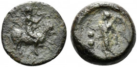 Sicily, Himera, c. 425-409 BC. Æ Hexas or Dionkion (13mm, 2.22g, 12h). Pan, blowing into conch shell and cradling lagobolon in arm, riding goat spring...