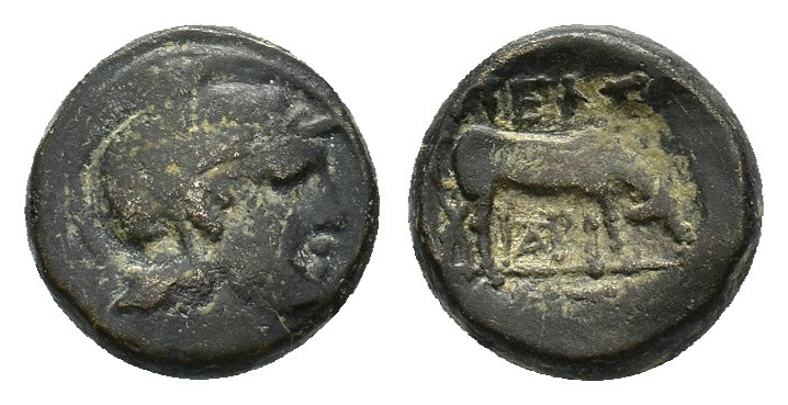 Macedonia, Pella, c. 187-168 BC. Æ (18,12 mm, 8,89 g). Helmeted head of Athena r...