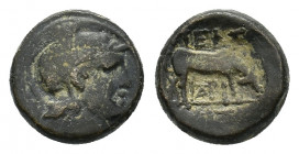 Macedonia, Pella, c. 187-168 BC. Æ (18,12 mm, 8,89 g). Helmeted head of Athena r. R/ Cow or grazing r.; below, monogram. HGC 3, 615; SNG Copenhagen 26...