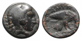 Kings of Macedon, Amyntas III (393-370/69 BC). Æ (17mm, 3.74g, 11h). Aigai or Pella. Head of Herakles r., wearing lion skin. R/ Eagle standing r., dev...