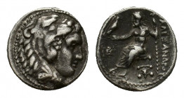 Kings of Macedon, Alexander III 'the Great' (336-323 BC). AR Drachm (15,27 mm, 4,25 g). Struck under Menander. Sardes, c. 324-323 BC.Head of Herakles ...