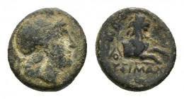 KINGS OF THRACE. Lysimachos, 305-281 BC. Æ Dichalkon (13,06 mm, 3,08 g). Lysimacheia (?). Helmeted head of Athena r. R/ Forepart of lion r.; in l. fie...