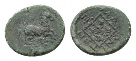 Thrace, Maroneia, c. 398-346 BC. Æ (16,44 mm, 3,60 g). Horse prancing r.; below, monogram. R/ Grape arbor within linear square border; below, monogram...