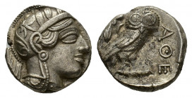 Attica, Athens, c. 454-404 BC; AR Tetradrachm (23,41 mm, 17,18 g); Helmeted head of Athena r. R/ Owl standing r. with closed wings; on l., olive twig ...