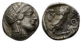 Attica, Athens, c. 454-404 BC; AR Tetradrachm (22,69 mm, 17,15 g); Helmeted head of Athena r. R/ Owl standing r. with closed wings; on l., olive twig ...
