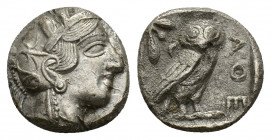 Attica, Athens, c. 454-404 BC; AR Tetradrachm (22,63 mm, 16,95 g). Helmeted head of Athena r. R/ Owl standing r. with closed wings; on l., olive twig ...