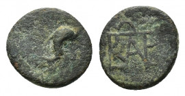 Kings of Bosporos, Polemo I, c.14/3-10/9 BC. Æ (16,78 mm, 5,17 g). Dolphin r.; above, trident. R/ Monogram of Polemo. MacDonald 232. Rare. About very ...
