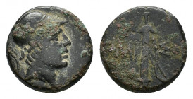 Pontos, Amisos. Time of Mithradates VI Eupator (120-63 BC). Æ (18,79 mm, 7,82 g).Helmeted head of Ares r. R/ Sword in sheath. SNG Stancomb 676; SNG BM...