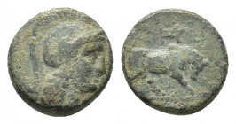 Bithynia, Myrleia, c. 4th-3rd centuries BC. Æ (18,12 mm, 8,06 g). Helmeted head of Athena r. R/ Bull standing r., head lowered and slightly facing; mo...