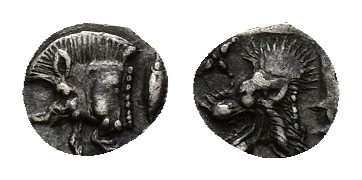 Mysia, Kyzikos, c. 450-400 BC. AR Hemiobol (8,19 mm, 0,36 g). Forepart of boar l...