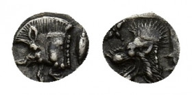 Mysia, Kyzikos, c. 450-400 BC. AR Hemiobol (8,19 mm, 0,36 g). Forepart of boar l.; tunny to r. R/ Head of lion l.; star to l.; all within incuse squar...