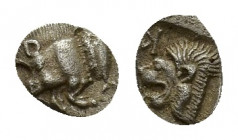 Mysia, Kyzikos, c. 450-400 BC. AR Obol (9,09 mm, 0,77 g). Forepart of boar l.; tunny to r. R/ Head of roaring lion l.; retrograde K to upper l; all wi...