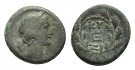 Mysia, Kyzikos, 2nd-1st century BC. Æ (17,73 mm, 6,13 g). Head of Kore Soteira r. R/ Monogram, KY above, ZI below; all within oak wreath; second monog...