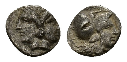 Mysia, Lampsakos, 4th-3rd century. AR Diobol (10,03 mm, 1,23 g). Janiform female...