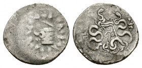 Mysia, Pergamon, c. 166-167 BC. AR Cistophoric Tetradrachm (26,92 mm, 12,21 g). Cista mystica with serpent; all within ivy wreath. R/ Bow case between...