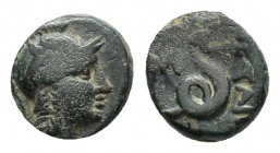 Mysia, Pergamon, Æ (14,21 mm, 4,98 g). In the name of Philetairos, c. 158-138 BC. Helmeted head of Athena r. R/ Coiled serpent standing erect to r.; i...