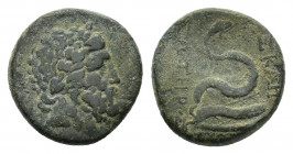 Mysia, Pergamon, c. 133-27 BC. Æ (22,02 mm, 12,88 g). Laureate head of Asklepios r. R/ Serpent coiled around omphalos. SNG v Aulock 1372; BMC 158; Sea...