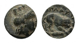 Mysia, Plakia, c. 4th century BC. Æ (10,09 mm, 1,54 g). Turreted head of Kybele r. R/ Lion standing r., devouring prey; below, grain ear. SNG BnF 2378...