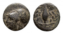Aiolis, Elaia, c. 350-300 BC. Æ (10,37mm, 1,41 g). Helmeted head of Athena l. R/ Barley-grain, Ε-Λ across fields; all within wreath. SNG Copenhagen 16...