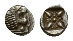Ionia, Miletos, late 6th-early 5th century BC. AR Diobol (8 mm, 1.18 g). Forepart of a lion l., head r. R/ Stellate ornament within square incuse. SNG...