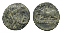 Caria, Antioch ad Maeandrum, c. 2nd century BC. Æ (15,16 mm, 3,75 g). Laureate head of Zeus r. R/ Humped bull recumbent l.; in exergue, maeander patte...