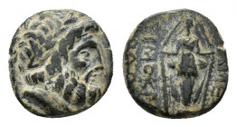 Phrygia, Apameia, c. 133-48 BC. Æ (16,11 mm, 5,55 g). Magistrate Mantitheus, son of Bianoros. Laureate head of Zeus r. R/ Cult statue of Artemis Anaït...