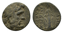 Phrygia, Apameia, c. 100-50 BC. Æ (18,79 mm, 5,07 g). Andron- and Alkio-, magistrates. Laureate head of Zeus r. R/ Cult statue of Artemis Anaïtis faci...