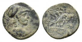 Phrygia, Apameia, c. 88-40 BC. Æ (20,96 mm, 6,77 g). Helmeted bust of Athena r. R/ Eagle r., landing on maeander pattern flanked by caps of the dioscu...