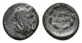 Phrygia, Eumenia, c. 300 BC. Æ (17,64 mm, 5.20 gr). Laureate head of Zeus r. R/ EYME-NEWN within wreath. SNG Copenhagen 377-378. About very fine.
