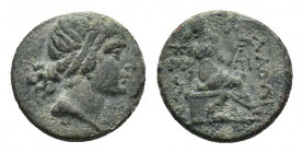 Phrygia, Laodikeia, c. 2nd-1st century BC. Æ (16,44 mm, 4.38 g). Head of Aphrodite r., wearing band. R/ Aphrodite seated r. on throne, holding dove; i...