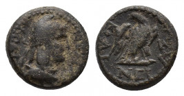 Phrygia, Laodicea ad Lycum. Pseudo-autonomous issue, AD 66-68. Æ (15mm, 4.57g, 12h). K. Aineias, magistrate. Laureate and draped bust of Mên r., weari...