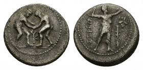 Pamphylia, Aspendos, c. 370-330 BC. AR Stater (23,75 mm, 9,86 g). Two nude wrestlers, standing and grappling with each other; between them, KY. R/ Sli...