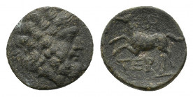 Pisidia, Termessos, 1st century BC. Æ (17,67; 4,82 mm). Laureate head of Zeus r. R/ Free horse galloping l.; above, [date..?]. Sear 5496.