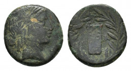 Lycia, Masikytes. Lycian League, c. 23-18 BC. Æ (19,45 mm, 6,95 g). Laureate head of Apollo r. R/ Lyre, M-A, within laurel wreath. Troxell 202; RPC I ...