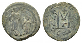 Sasanian kings, Khosrau II (591-628). Æ 40 Nummi (29,88 mm, 10,98 g). Imitating a Byzantine follis of Heraclius with Heraclius Constantine from Consta...
