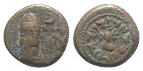Kings of Elymais, Orodes II (c. AD 150-200). Æ Drachm (13mm, 3.20g, 6h). Bearded facing bust wearing tiara; crescent and anchor to r. R/ Bust of Belos...