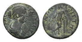 Lydia, Saitta. Faustina II (AD 147-176 AD). Æ (15,94 mm, 3,07 g). Titianos, archon for the first time. Draped bust r. R/
Apollo standing l., holding b...