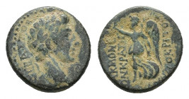 Phrygia. Acmoneia. Augustus (27 BC-14 AD). Æ (18,06 mm, 5,66 g). Krates Menokritou, magistrate. Laureate head r.; in r. field, lituus. R/ Nike advanci...