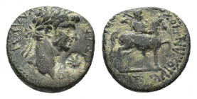 Phrygia, Hierapolis. Claudius (AD 41-54). Æ (18,01 mm, 3,98 g). Laureate head r. R/ Apollo, holding bipennis, riding horse r. RPC I, 2970. Good very f...