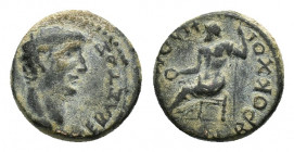 Phrygia, Philomelium. Claudius (AD 41-54). Æ (16,56 mm, 5,13 g). Brocchos, magistrate. Bare head r. R/ Zeus seated l. on throne, holding patera and sc...