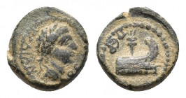 Pamphylia, Perge, Trajan (98-117). Æ Hemiassarion (?) (12,26 mm, 2,66 g). Laureate head r. R/ Prow; in background, lighthouse. RPC III, 2689. Rare. Go...