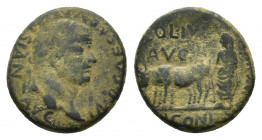 Lycaonia, Iconium. Vespasian, (AD 69-79). Æ ( 22,74 mm, 11.13 g, 12 h). Laureate head of Vespasian r. R/ Priest plowing l. with yoke of oxen; in exerg...