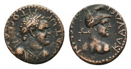 Lycaonia, Iconium. Titus as caesar (AD 69-79). Æ (18,04 mm, 5,91 g). Laureate and cuirassed bust of Titus r. R/ Bust of Perseus r., wearing Phrygian c...