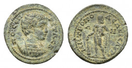 Cilicia, Isaura. Geta as Caesar (AD 198-209). Æ Assarion (20,35 mm, 3,87 g). Bare-headed and cuirassed bust of r. R/ Herakles standing facing, head to...