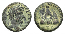 Cappadocia, Caesarea. Lucius Verus (AD 161-169). Æ (18,84 mm, 7,32 g). Laureate, draped and cuirassed bust r. R/ Mount Argaeus with conical top. RPC I...