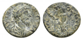 Cappadocia, Nicopolis ad Lycum. Marcus Aurelius (AD 161-180). Æ (21.68mm, 7,59 g). Laureate, draped, and cuirassed bust r. R/ Zeus seated l, holding N...