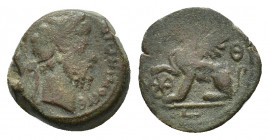 Egypt, Alexandria. Marcus Aurelius (AD 161-180). Æ (21, 18 mm, 9,07 g) Laureate head r. R/ Griffin seated l., resting forepaw on wheel. RPC online 154...