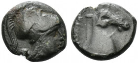 Anonymous, Rome, c. 260 BC. Æ (15mm, 4.37g, 6h). Helmeted head of Minerva r. R/ Head of bridled horse r. Crawford 17/1e; HNItaly 278; RBW 16. Green pa...